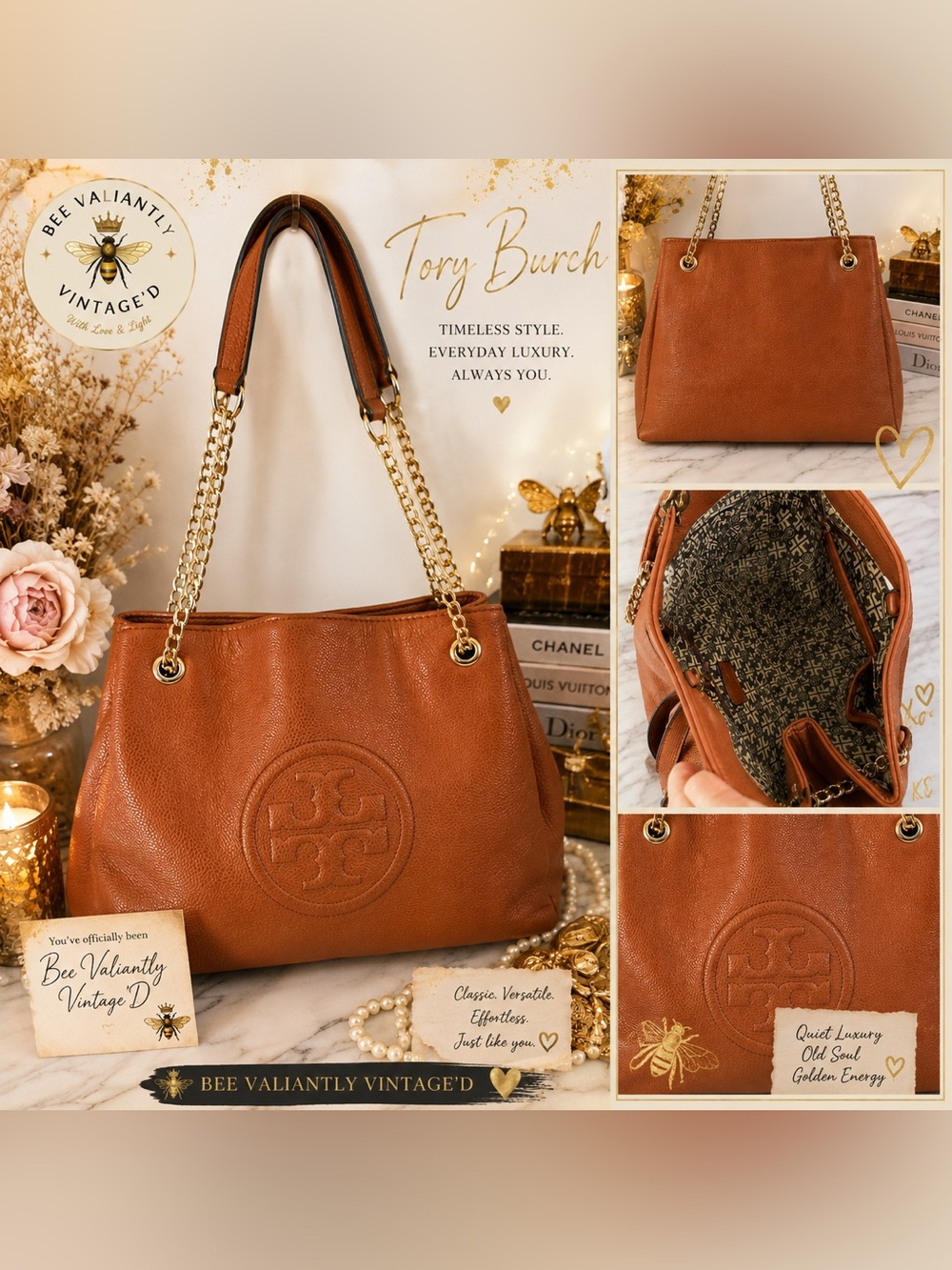 Tory Burch Pebbled Leather Chain Tote Shoulder Bag Cognac Brown Large